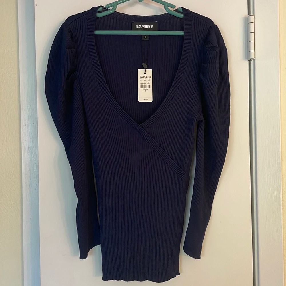 Navy blue, light weight, v-neck, faux wrap sweater, XS, from Express, tags on